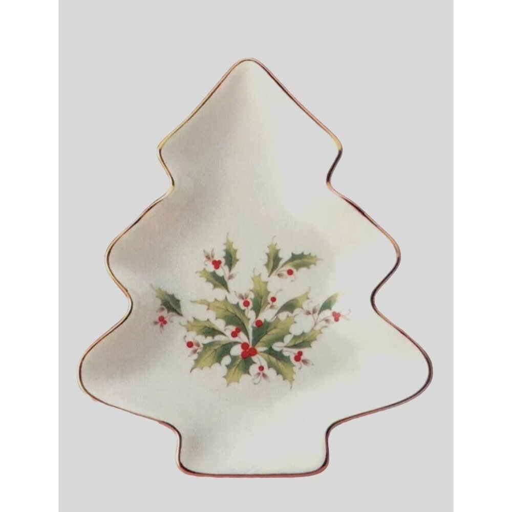 Porcelain Tree Shape Plate With Holly Design Holiday Theme